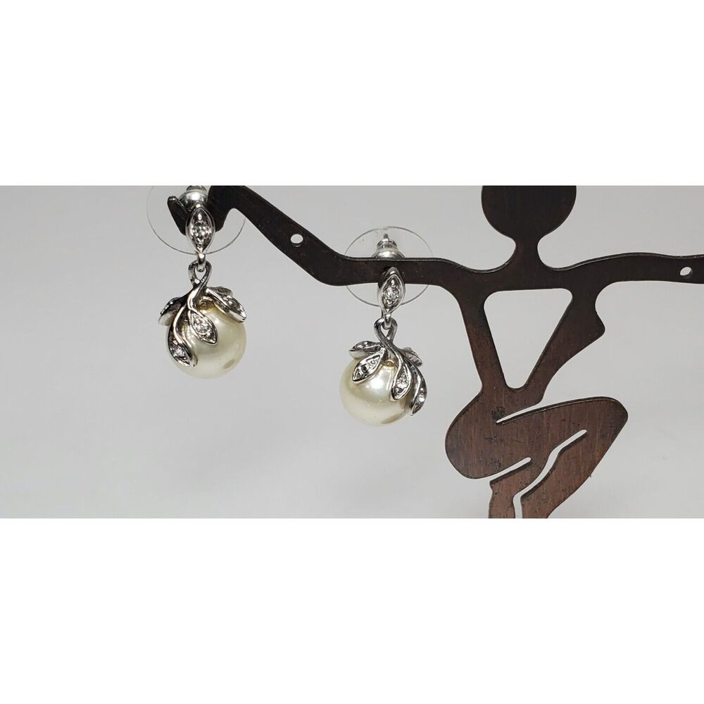 Faux Pearl & Rhinestone Silver Tone Earrings